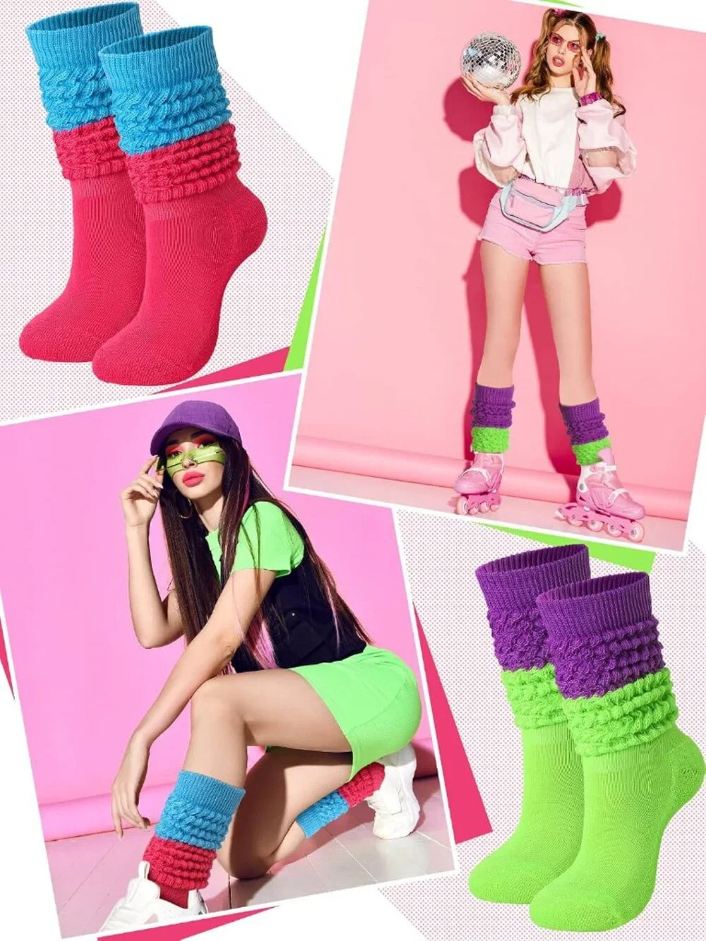 🧦Women's Mix Colour 4 Pairs Neon Slouch Socks Scrunch Socks Athletic Slouchy